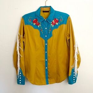 Rock & Roll Cowgirl Lg Western Southwestern Fringed Turquoise Embroidered Shirt